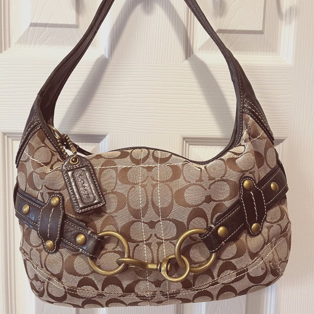 Coach Tan Signature Canvas and Brown Leather Belted Hobo